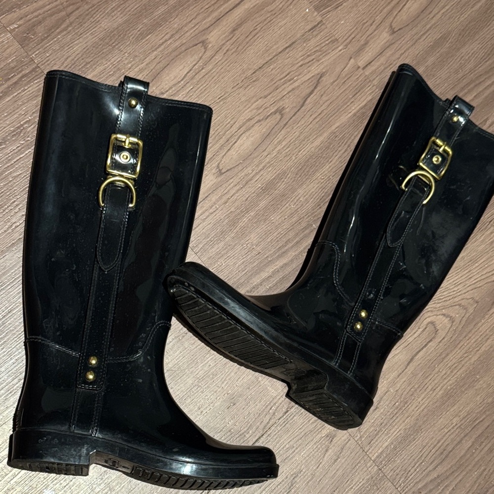 Coach Black Patent Rain Boots with Gold Hardware